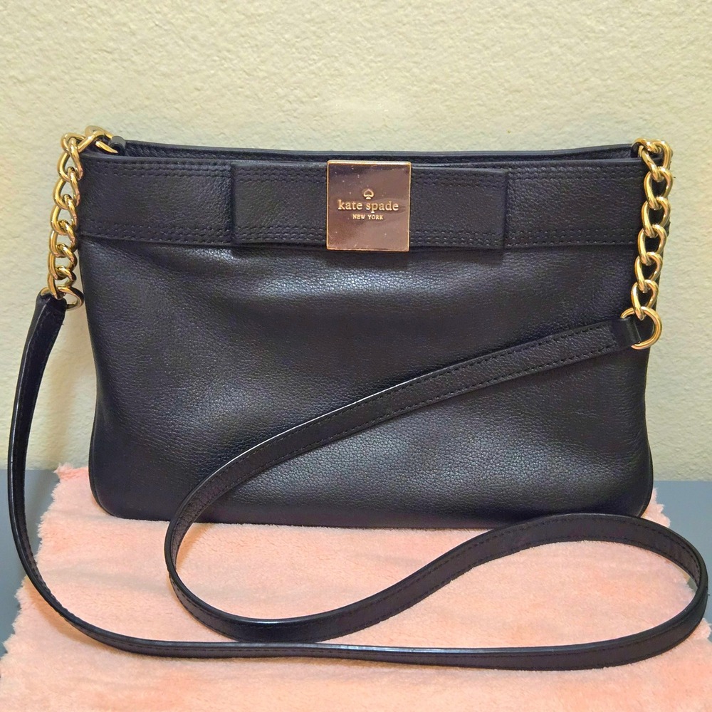 Kate Spade Crossbody Bag Womens Small Bow Accent Chic Black Pebbled Leather